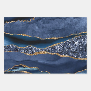 Feuille De Papier Cadeau Blue Gold Glitter Agate Marble Tendance 