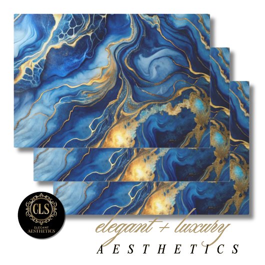 Feuille De Papier Cadeau Blue & Gold Marble Luxe Aesthetics