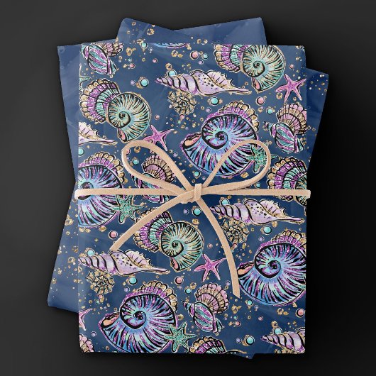 Feuille De Papier Cadeau Blue Luxe sous-marin | Coquillages d'or Pastel