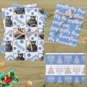 Feuille De Papier Cadeau Blue Merry Happy Everything Photo Typographie