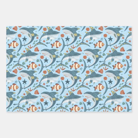 Feuille De Papier Cadeau Blue Ocean Children Shark Boy Fête d'anniversaire (Devant 2)