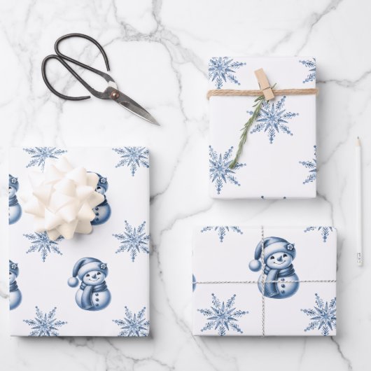 Feuille De Papier Cadeau Blue Snowmen Christmas  (Recto)