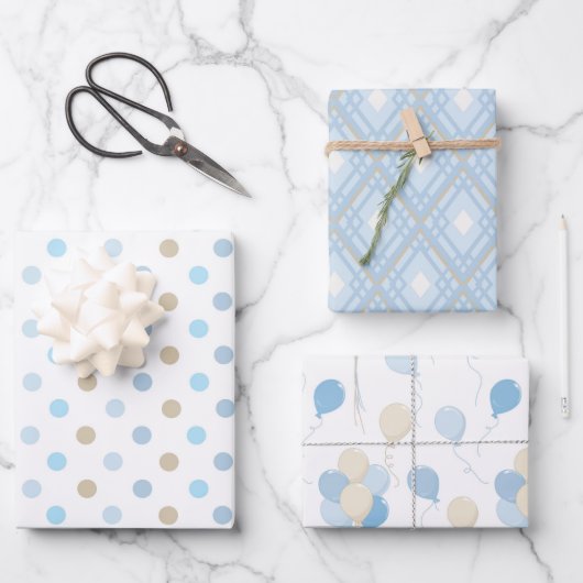 FEUILLE DE PAPIER CADEAU BLUE & TAN BÉBÉ GARÇON MOTIFS (Recto)