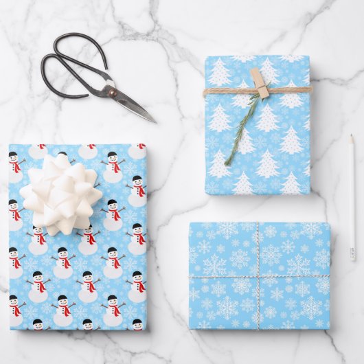 Feuille De Papier Cadeau Blue Winter Snowman Trees et Snowflakes (Recto)