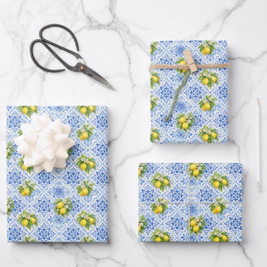 Feuille De Papier Cadeau Blue Yellow Mediterranean Tile Lemons Italian  (Recto)