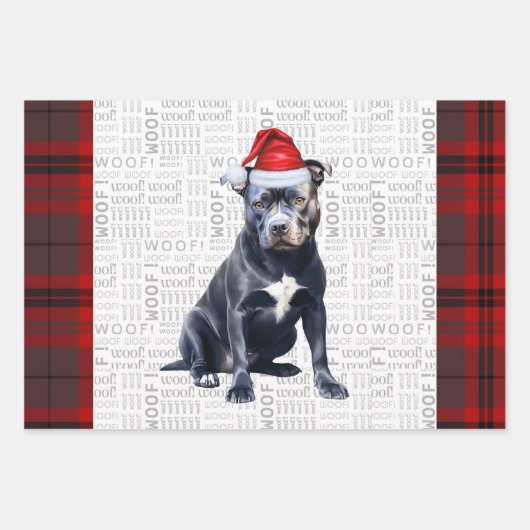 Feuille De Papier Cadeau Bluenose Pitbull Chien de Noël Rouge Grey Plaid (Devant)