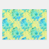 Feuille De Papier Cadeau Blues Turquoise avec Jaune et Blanc, Floral (Devant)