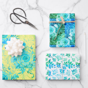 Feuille De Papier Cadeau Blues Turquoise avec Jaune et Blanc, Floral
