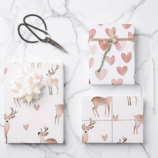 Feuille De Papier Cadeau Blush Pink Hearts Cream Deer Christmas (Recto)