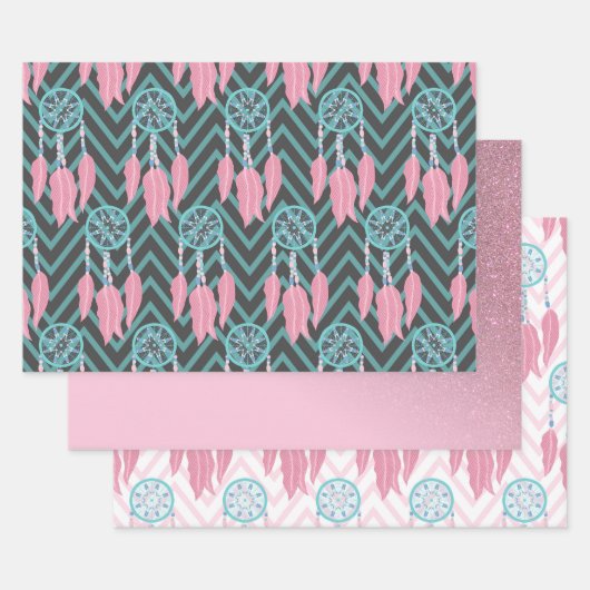Feuille De Papier Cadeau Bohème Turquoise Dreamcatcher Chevron Motif (Lot)