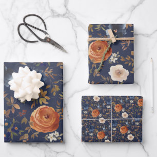 Feuille De Papier Cadeau Boho Aquarelle Floral Bleu Terracotta