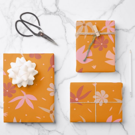 Feuille De Papier Cadeau Boho Birds and Flowers Motif en Orange et rose (Recto)