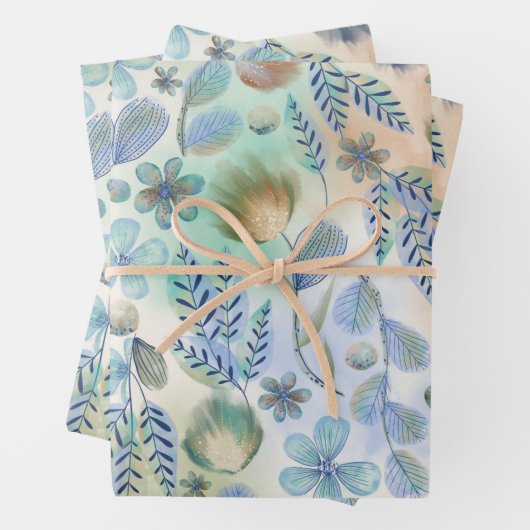 Feuille De Papier Cadeau Boho bleu vert floral botanique fantaisiste (En situation)