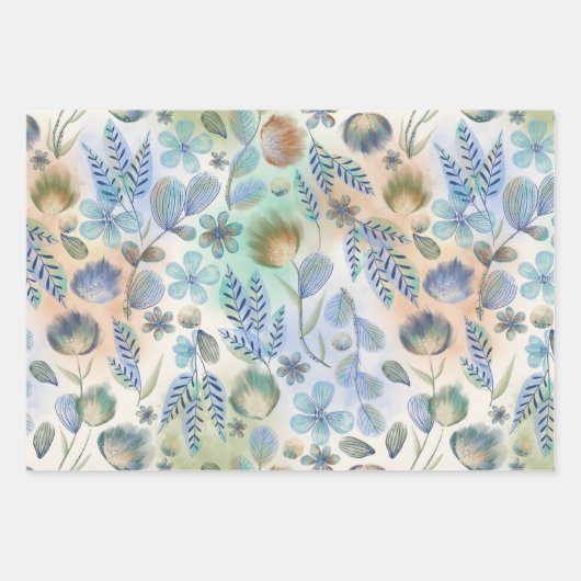Feuille De Papier Cadeau Boho bleu vert floral botanique fantaisiste (Devant)
