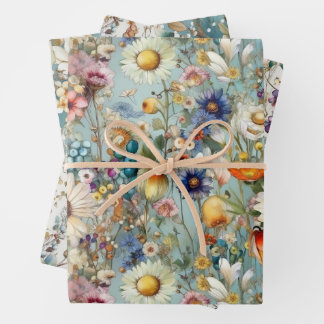 FEUILLE DE PAPIER CADEAU BOHO ÉTÉ FLEURS SAUVAGES FLORAL