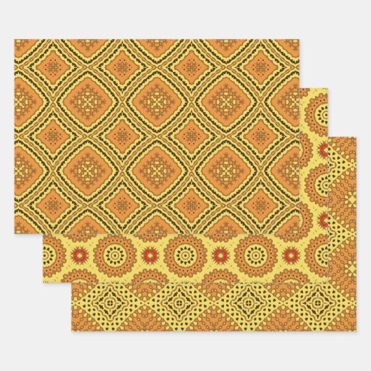 Feuille De Papier Cadeau Boho ethnique jaune orange Motifs géométriques (Lot)