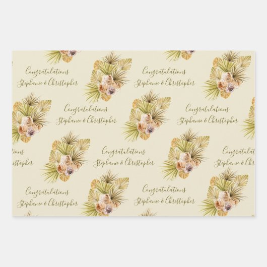 Feuille De Papier Cadeau Boho Fleurs Palmier Séché Ajouter Noms Mariage (Devant)