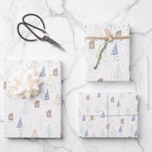 Feuille De Papier Cadeau Boho House and Trees Noël (Recto)
