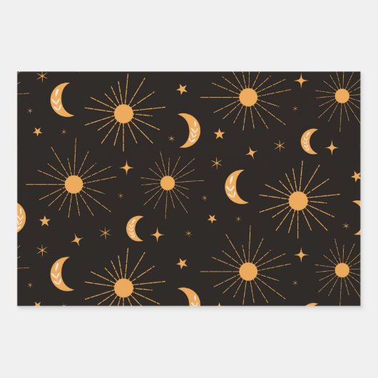 Feuille De Papier Cadeau Boho orange soleil et motif de lune (Devant)