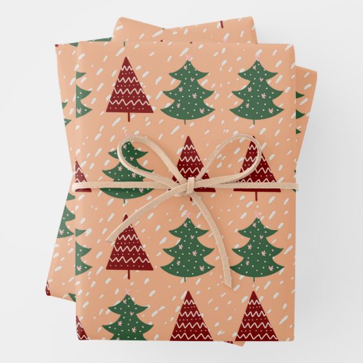 Feuille De Papier Cadeau Boho Peach Red Green Noël Trees de Noël (En situation)