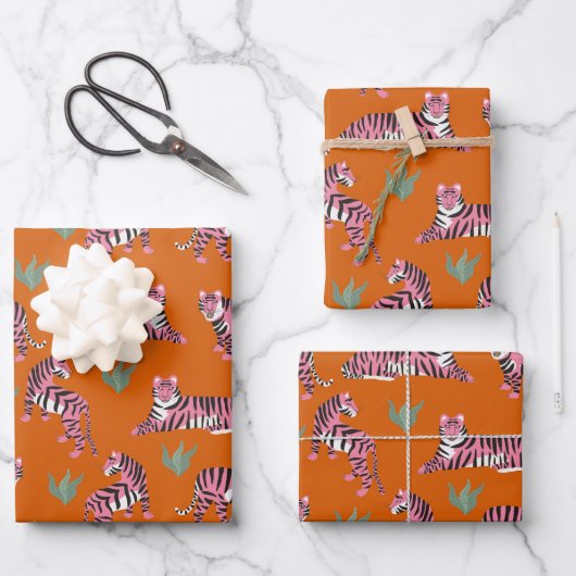 Feuille De Papier Cadeau Boho Pink Orange Jungle Tiger Animal Pattern (Recto)