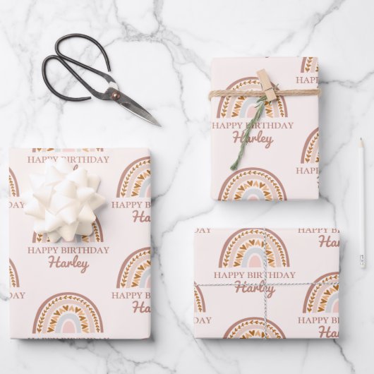Feuille De Papier Cadeau Boho rose Brown arc-en-ciel Nom personnalisé Anniv (Recto)