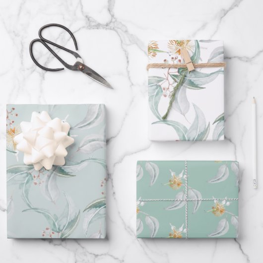 Feuille De Papier Cadeau Boho Sage Vert Aquarelle En Floraison Eucalyptus (Recto)