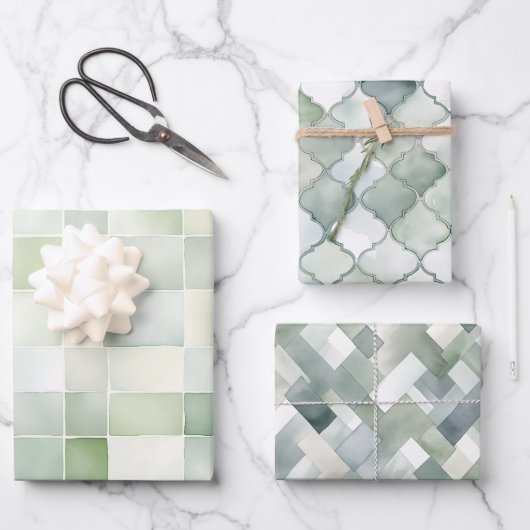 Feuille De Papier Cadeau Boho Sage Vert Aquarelle Motifs géométriques (Recto)