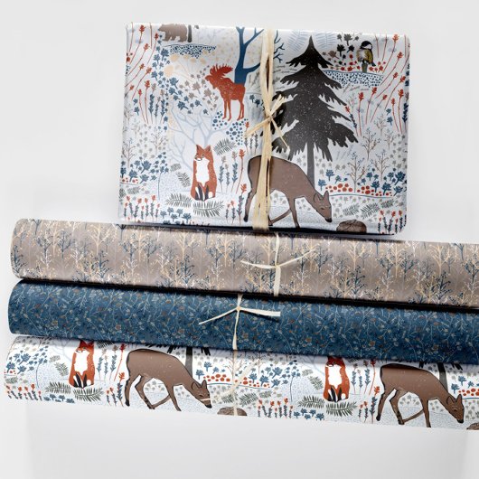 Feuille De Papier Cadeau Bois Animaux Bois d'hiver