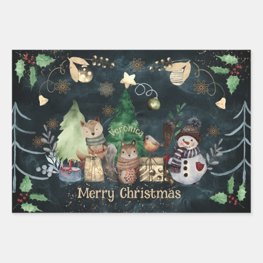 Feuille De Papier Cadeau Bois Animaux Noël Turquoise (Devant 2)