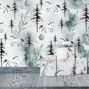 Feuille De Papier Cadeau Bois hivernal neige Cheval blanc et renard arctiqu