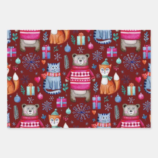 Feuille De Papier Cadeau Bois Noël Forêt d'hiver Ours Chat Fox (Devant)