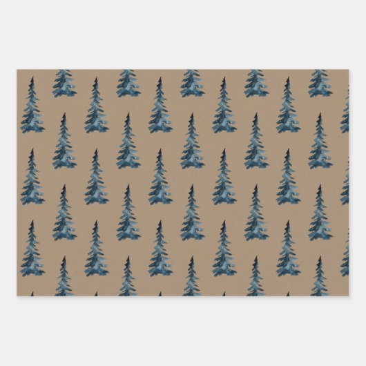 Feuille De Papier Cadeau Bois rustique d'hiver Kraft Arbres d'épinette bleu (Devant)