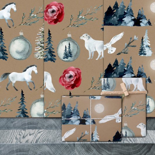 Feuille De Papier Cadeau Bois rustique d'hiver Kraft Blanc Cheval Renard &