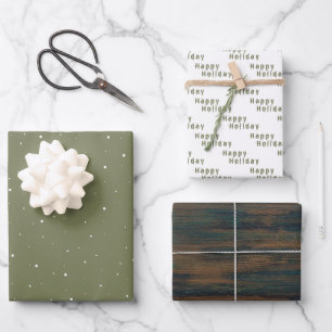 Feuille De Papier Cadeau Bois Rustique Flocon de Neige Vert Olive Joyeux No