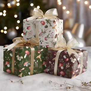 Feuille De Papier Cadeau Bois rustique Noël Champignons d'hiver