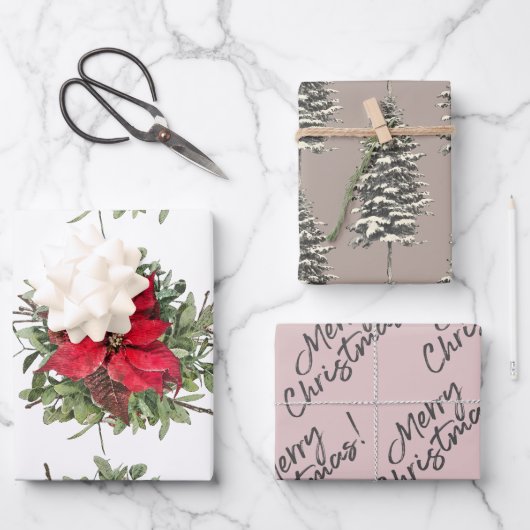 Feuille De Papier Cadeau Bois rustique Poinsettia Joyeux Noël (Recto)