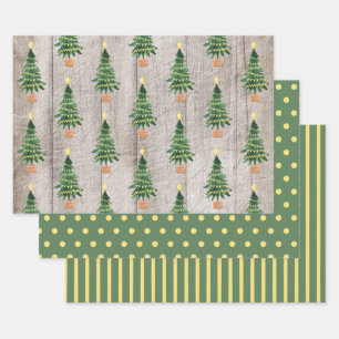 Feuille De Papier Cadeau Bois rustique vert or Noël pois rayure