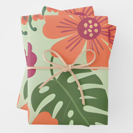 Feuille De Papier Cadeau Bold Tropical Hibiscus & Monstera Leaf (En situation)
