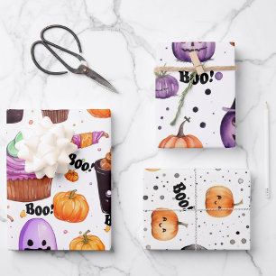 Feuille De Papier Cadeau Bonbons d'Halloween, friandises et jack-o-lanterns
