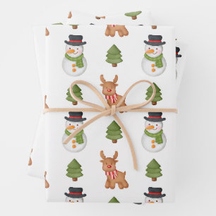 Feuille De Papier Cadeau Bonhomme de neige et renne de Noël blanc