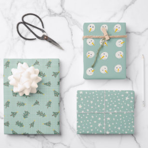 Feuille De Papier Cadeau Bonhommes de neige en pastel sarcelle Noël Arbres