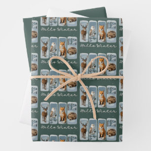 Feuille De Papier Cadeau Bonjour Animaux d'Hiver Cerf Hibou Renard Ours Sai