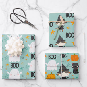 Feuille De Papier Cadeau Boo ! Chat noir et étoiles mignon aux sorcières
