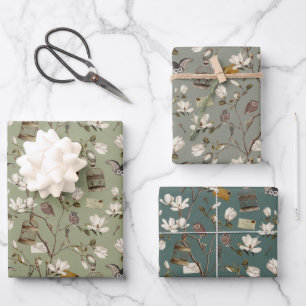 Feuille De Papier Cadeau Bosquet de magnolias avec des hiboux en verts past
