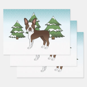 Feuille De Papier Cadeau Boston Terrier Brun au Chocolat Dans une Forêt d'H