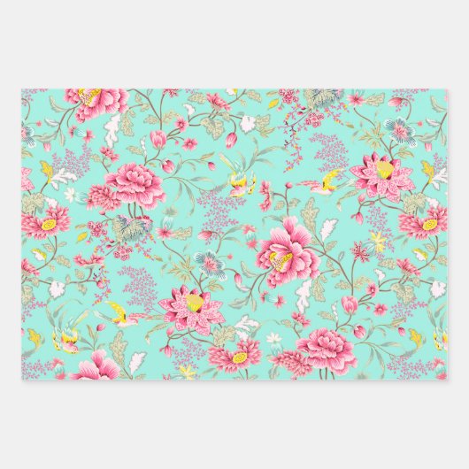 Feuille De Papier Cadeau Botanic Japanese Flower Pattern Turquoise (Devant)