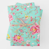 Feuille De Papier Cadeau Botanic Japanese Flower Pattern Turquoise (En situation)