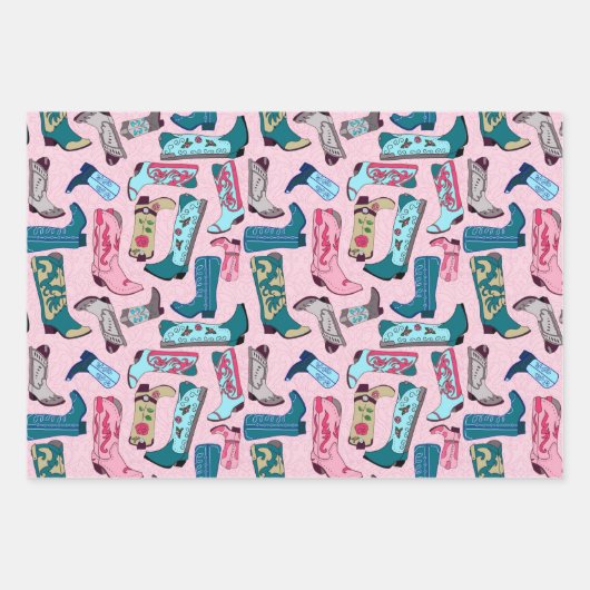 Feuille De Papier Cadeau Bottes Cowboy - sur rose (Devant)