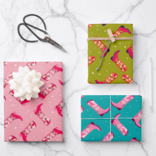 Feuille De Papier Cadeau Bottes de cowboy et fleurs